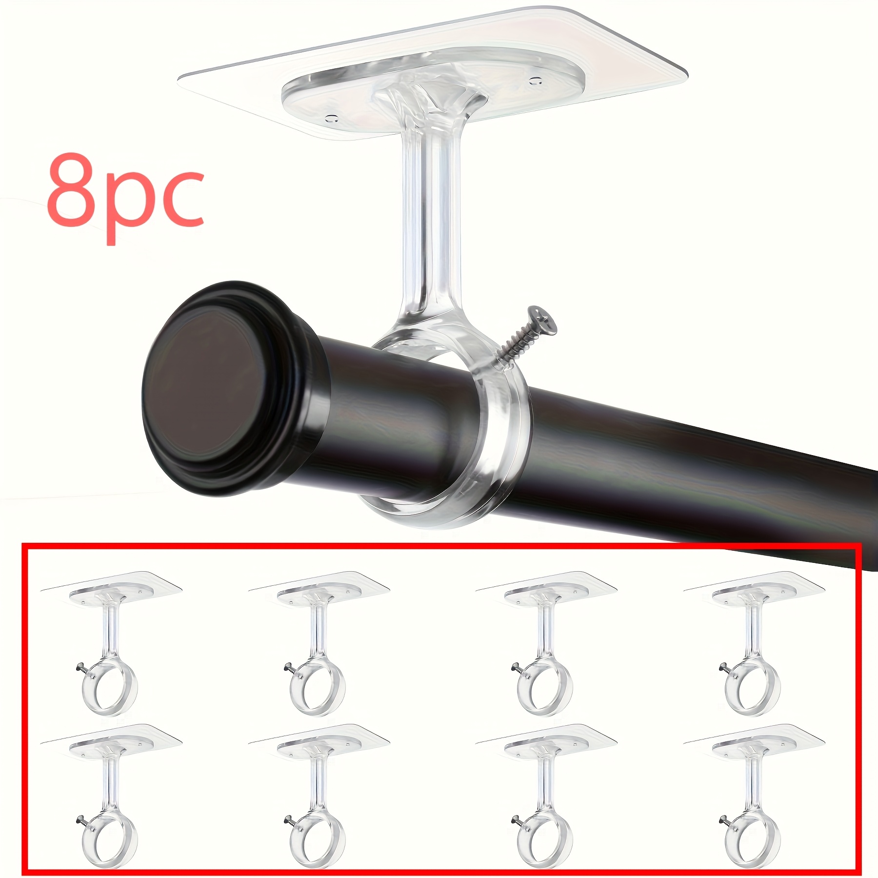 4/8pcs Non-drilling Ceiling Curtain Rod Bracket, 6pcs Heavy-duty Self-adhesive Curtain Rod Bracket, Adjustable Curtain Hook, Hanging 3.05cm Diameter Rod, Suitable For Wardrobe, Bedroom