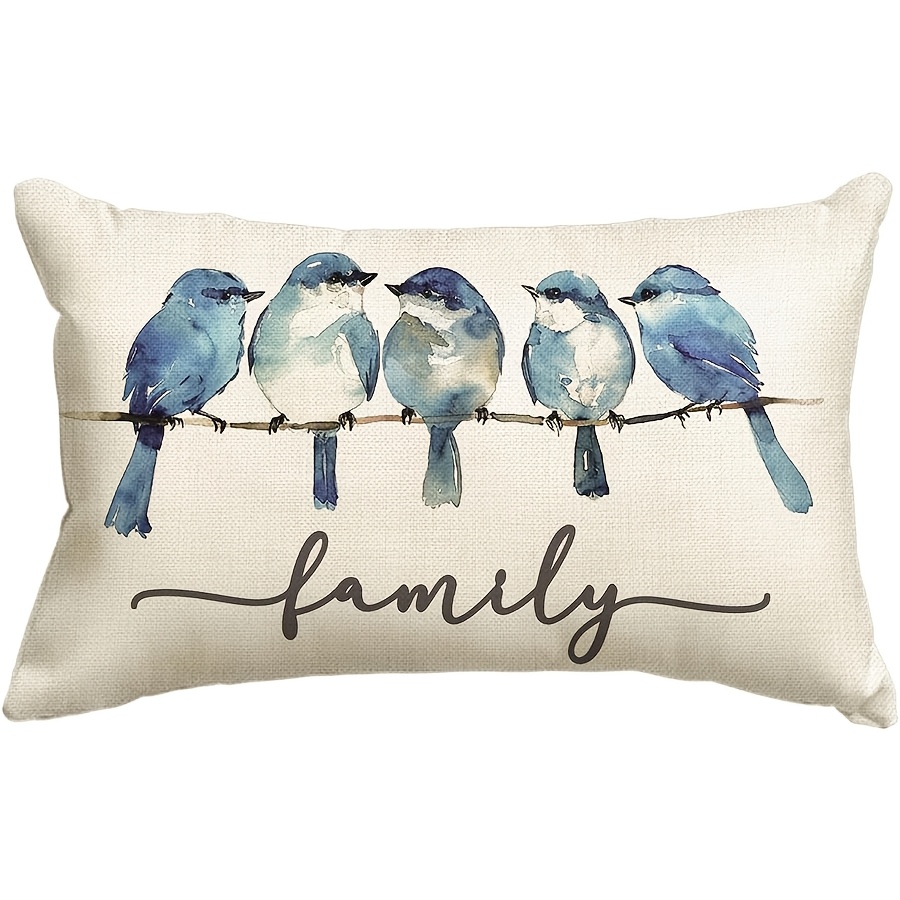 

1pc Rustic Bluebird Family Watercolor Linen Throw Pillow Cover, Machine Washable Zippered For Home Decor, Country Style For Room Types - Woven Fabric Couch Pillowcase