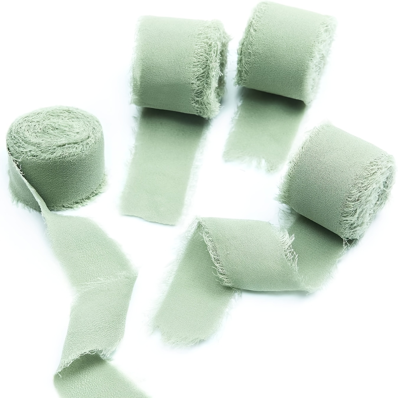 Image of Sage Green Chiffon Ribbon 1" X 12 Yd Fringe Fabric Package (4rolls * 3 Yd) For Wedding Invitations Bridal Bouquets Decorations Gifts Wrapping And Bow Making Christmas, Halloween