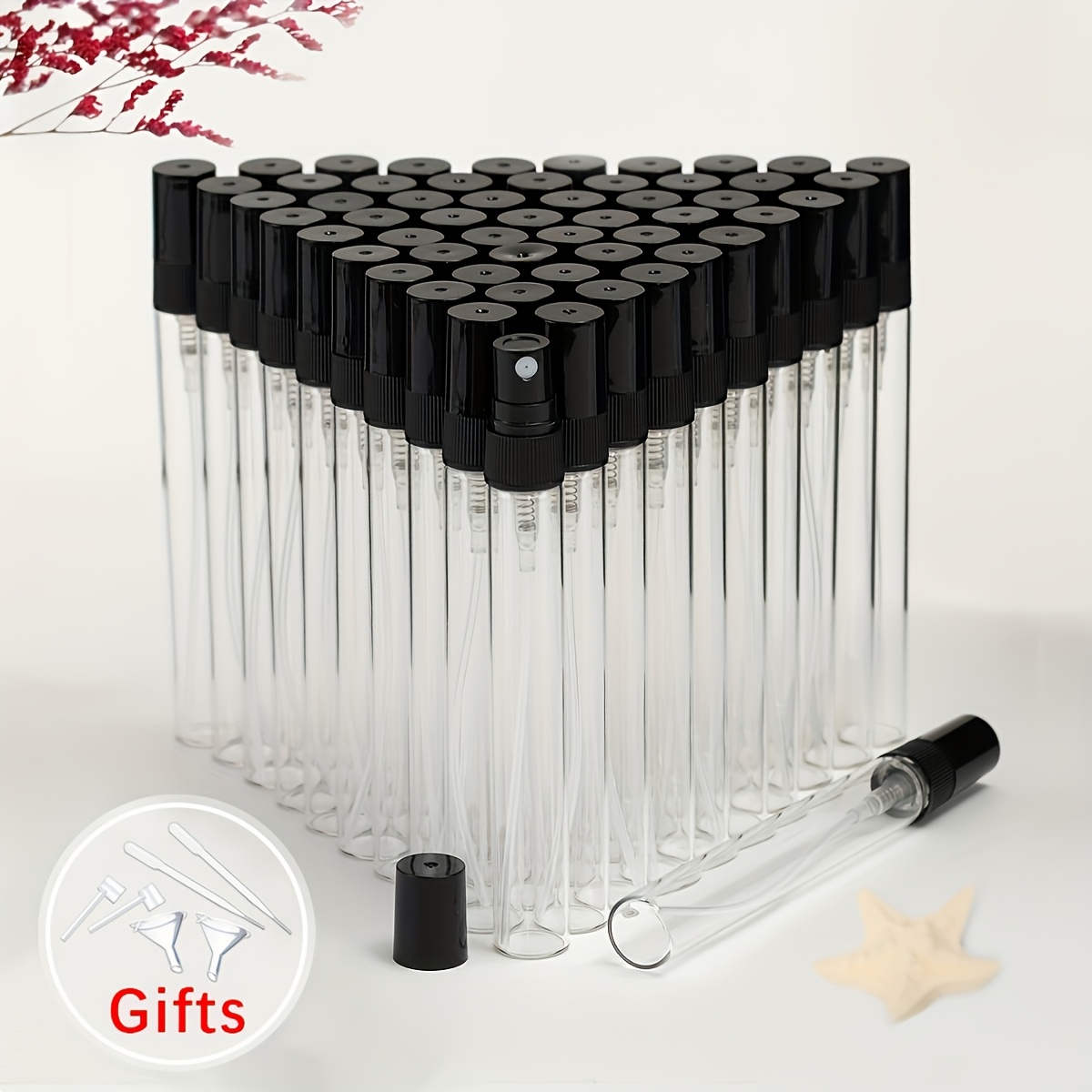 TEMU 50 Stück und 6 Stück Ergänzungen Klares Glas Parfümflaschen, Nachfüllbare Sprayflaschen, 0.07Oz, 0.1Oz, 0.17Oz, 0.34Oz