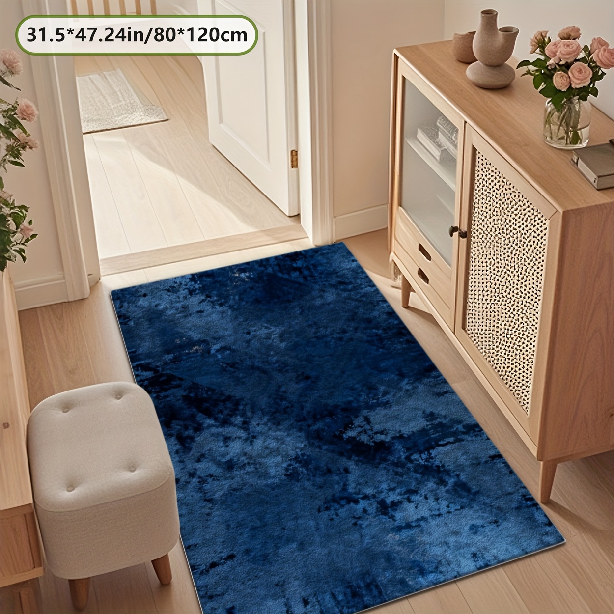 TEMU A Home Carpet Made Of Soft Plush With A Dotted Plastic Bottom, Featuring A Blue Textured Print Design. This Festive Carpet Is Suitable For