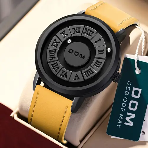 dom mens magnetic suspension watch sporty black yellow accent roman dial quartz movement high quality hands battery powered for casual formal textured strap detail