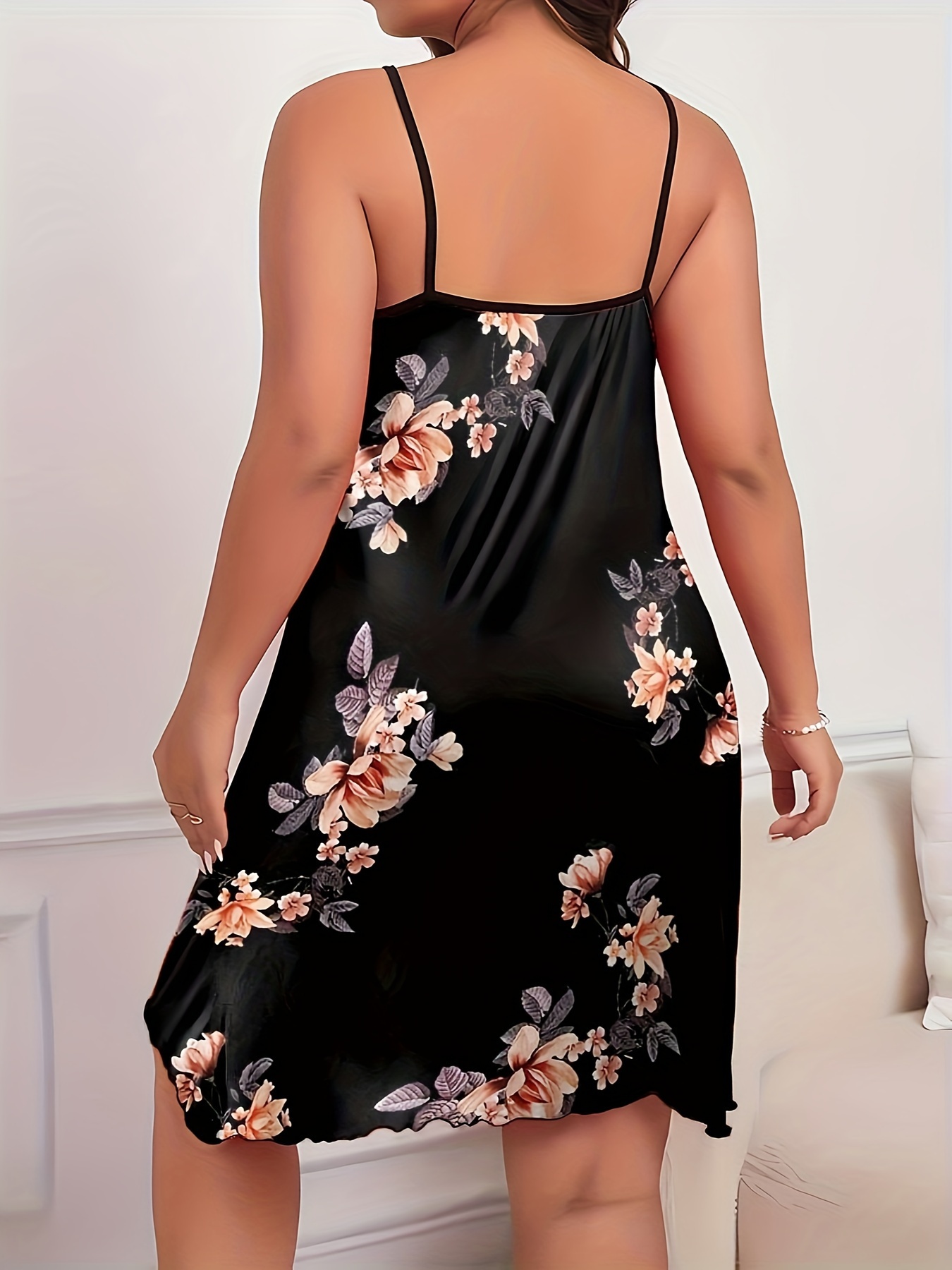 Women's Plus Sexy Loungewear Dress, Plus Size Floral Print Round Neck Frill Trim Cami Nightdress