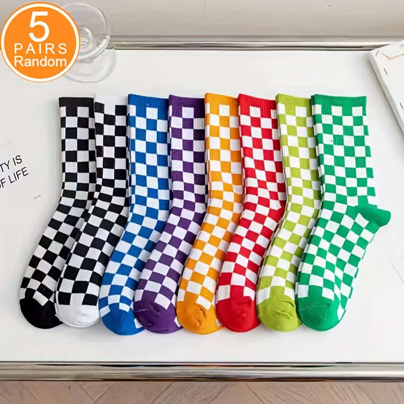 E-shop 5 Paar zufällige Damen- und Herren-Sommer-Mittelwadensocken, kariert, vielseitig für Herbst und Winter, easy Streetwear, Skateboard, Hip-Hop