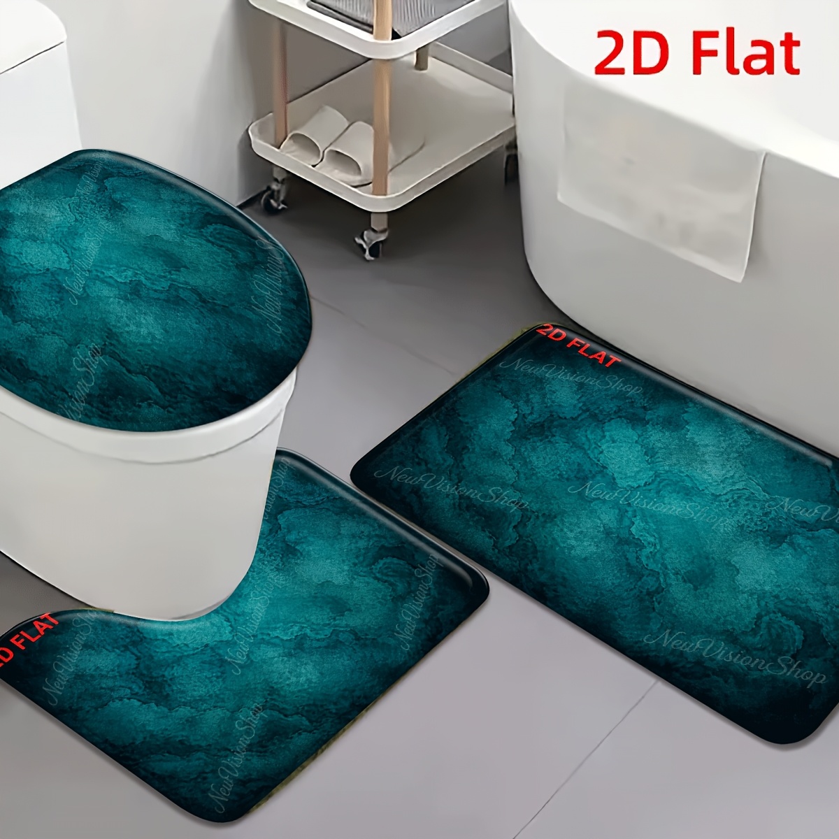 TEMU 2d Flat 3pcs Deep Teal Marble Flannel Non-slip Toilet Mat Set, Soft Absorbent Bath Rug For Bathroom, Entryway, Bedroom, Living Room – Elegant