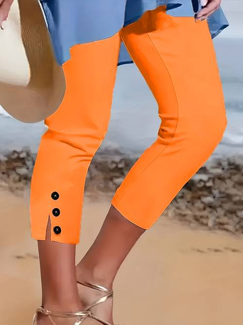 womens stretchy white capri pants with button details comfortable knit fabric casual wear style capri legging