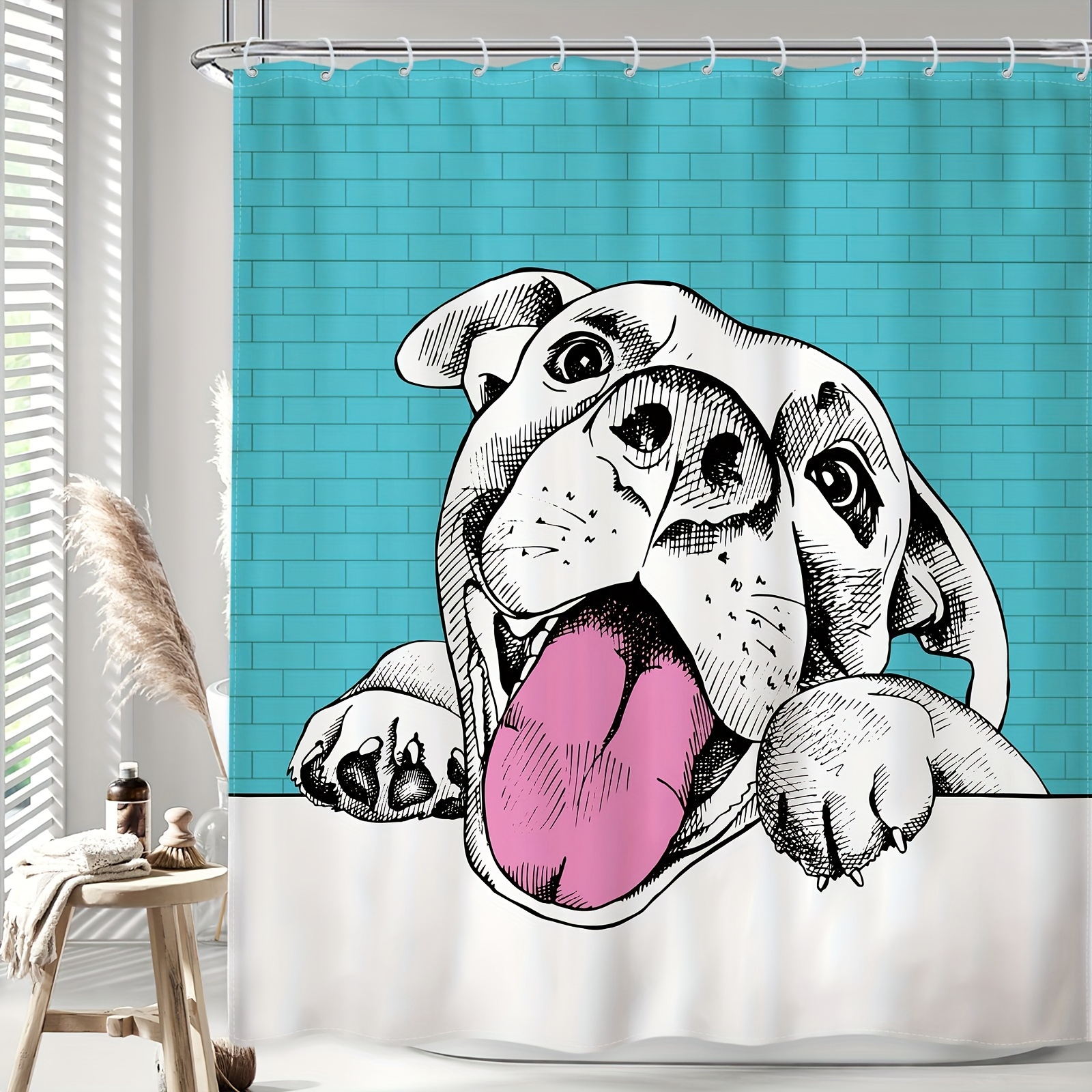 

1pc Dog Shower Curtain, Cute Bulldog Puppy Animal Funny Cartoon Waterproof Bathroom Fabric Decor Set Polyester 12 Pack Plastic Hooks, 72wx72h