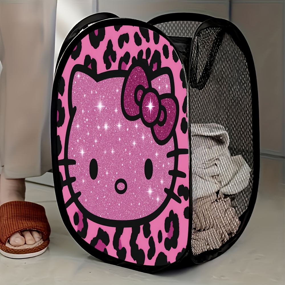 E-shop 1 Stück Sanrio Hello Kitty Rosa Leopardenmuster Glitzer Pop-Up Wäschekorb mit ikonischem Hello Kitty Gesicht & Schleife - Faltbarer