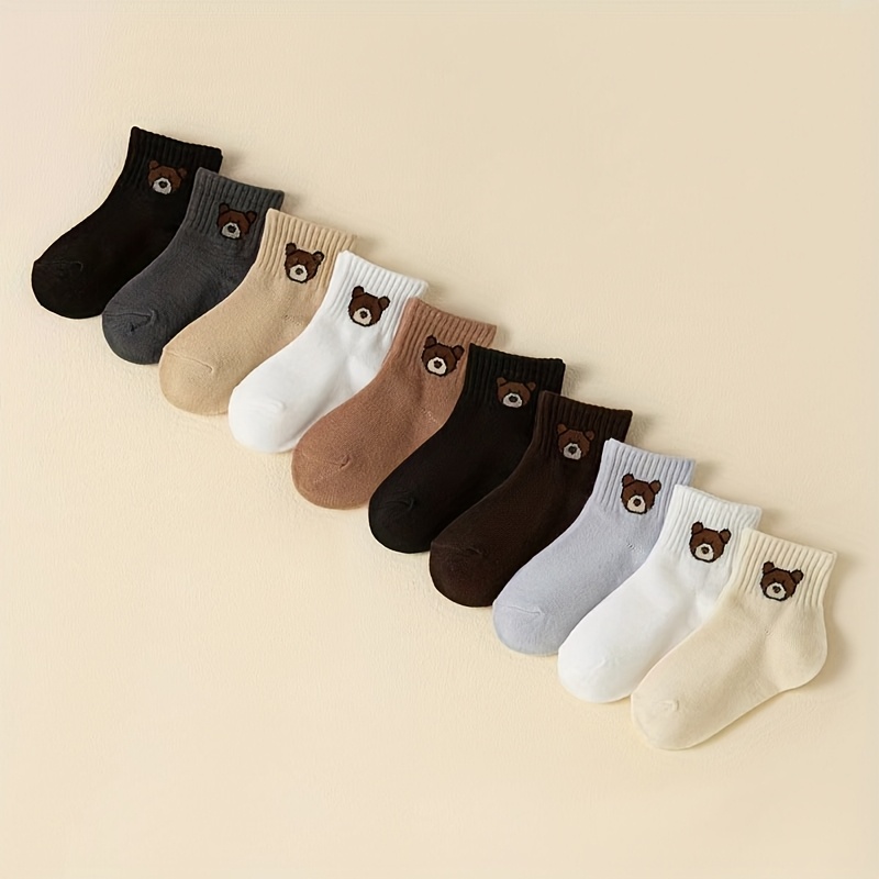 E-shop 10 Paar Kinder Socken mit Süßem Cartoon-Bär Design für Jungen & Mädchen, Ganzjahres Atmungsaktive Komfortsocken in Mehrfarbiger Sorte, Baby