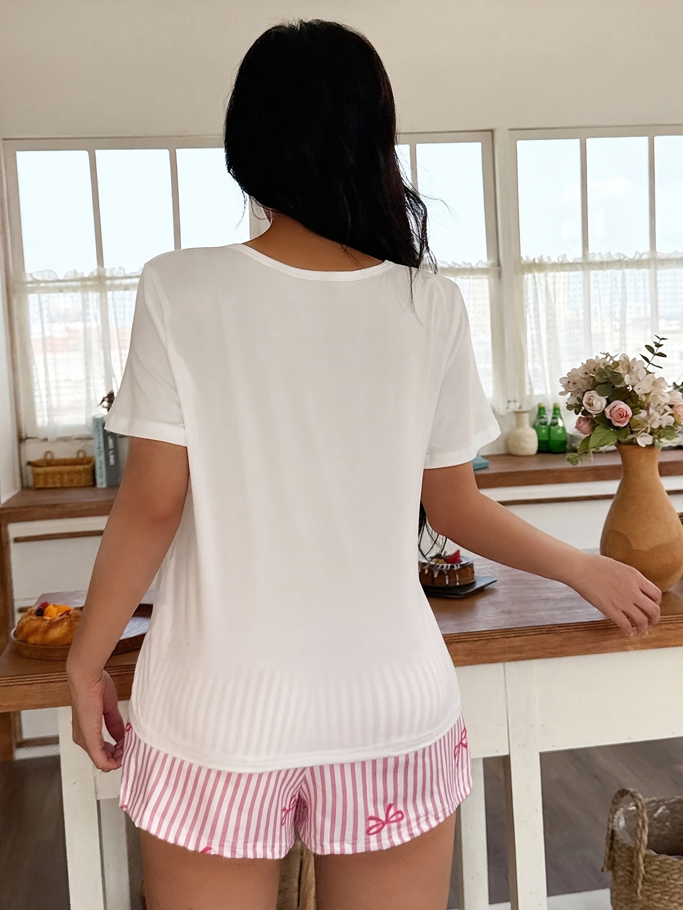 Trendy Bow Blouse with Cherry Print and Striped Shorts, Women's Pajama Set