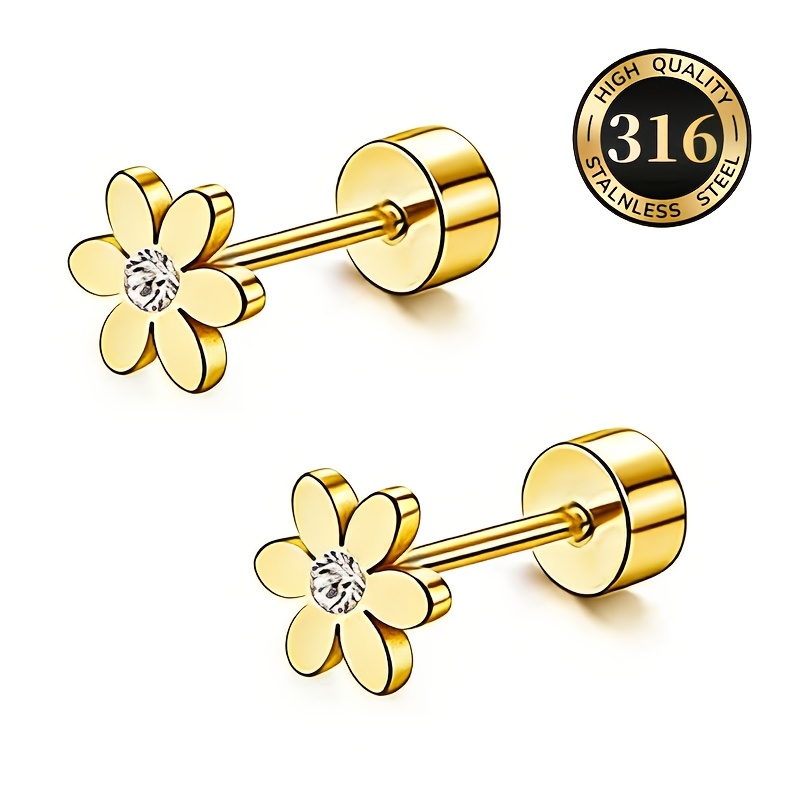 TEMU Un par de brillantes pendientes de botón redondos de circonita sintética con forma de flor, que incluyen varillas rectas de acero inoxidable 316