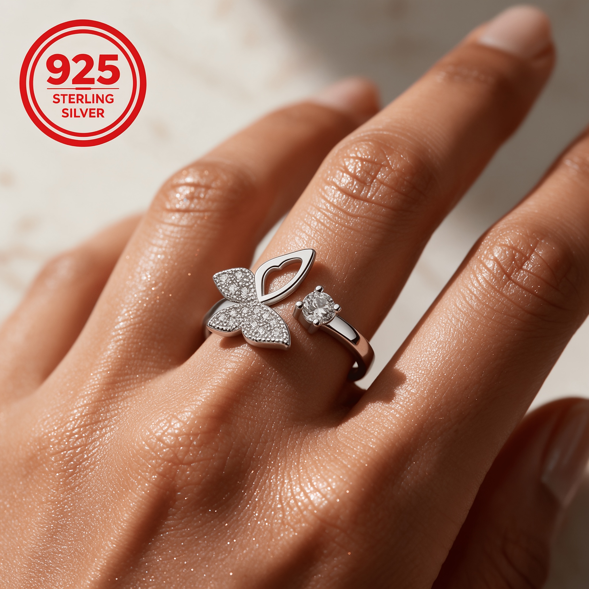 925 Silver Adjustable Butterfly Wing Ring, Geometric Design