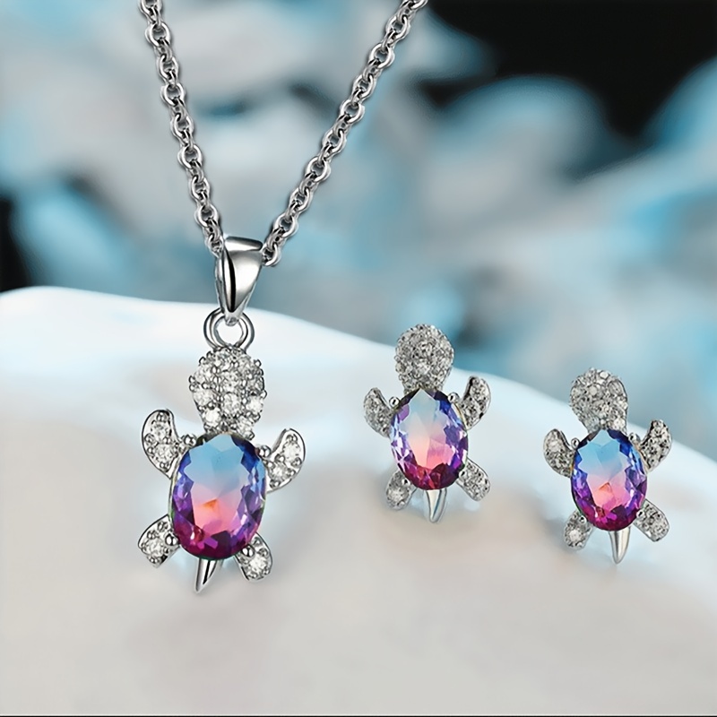3pcs European And Synthetic Zirconia Turtle Necklace Earring Set Suitable For Occasions Such As Banquets And Dinners