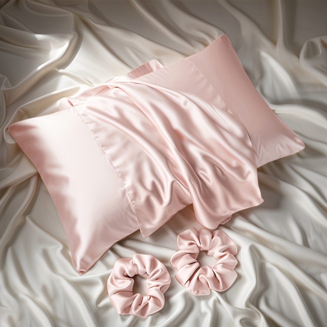 Bedroom Bathroom 3pcs Set: 1 Pillowcase (pillow Insert Not Included) + 2 Headbands - Luxurious Satin Material, Modern , Suitable For Home, Hotel, Or Bedroom Use