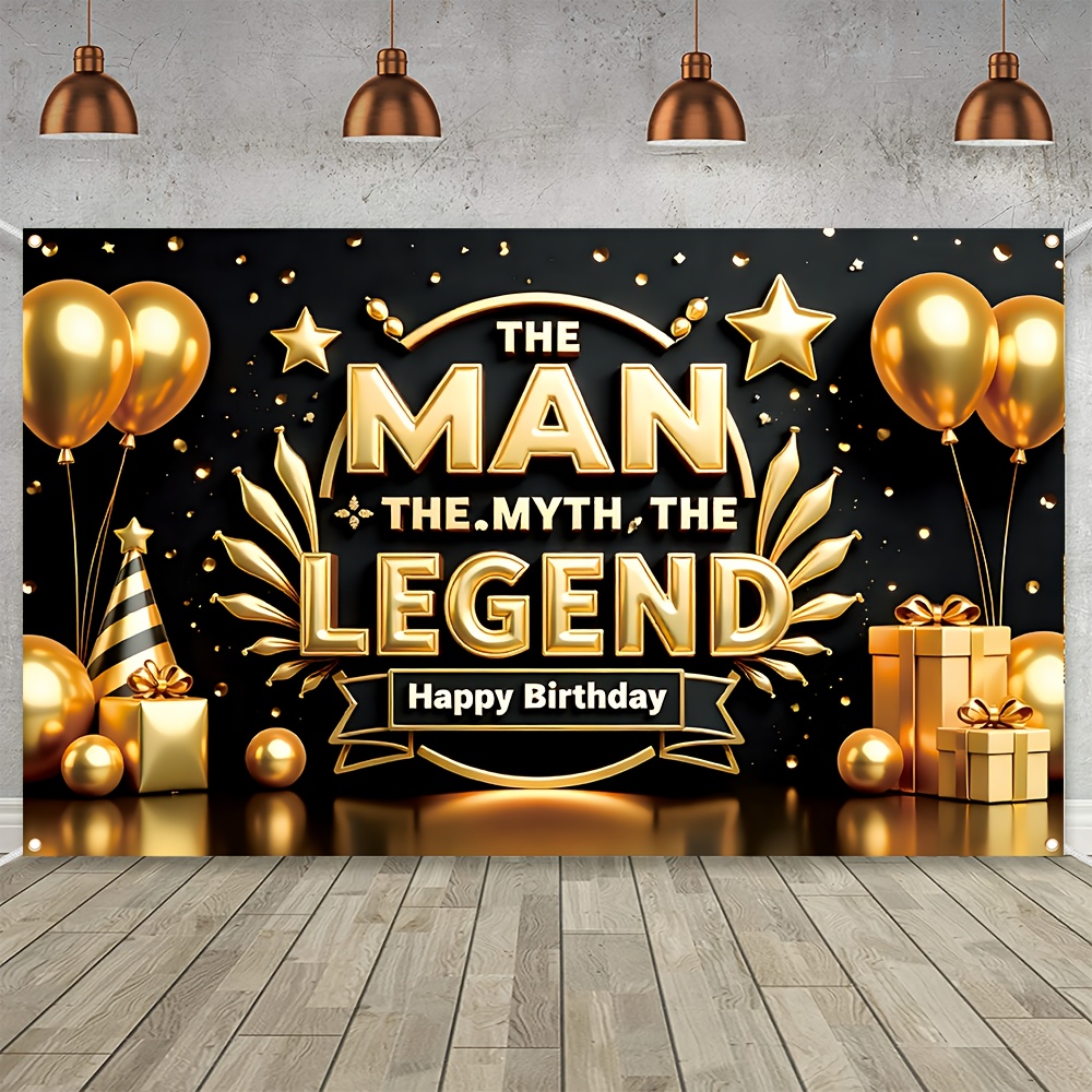 

1pc "the For Man, The , " Birthday Banner - " .3" Polyester Backdrop, Black & Golden With Balloons & Gift , Ideal For Men's Milestone Celebrations, Indoor/outdoor Use