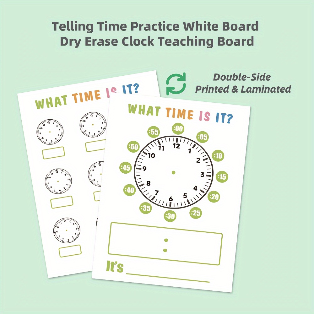 

Telling Time Practice White Board Clock Teaching Dry Erase Board, ​double-side Printed & Laminated 5 Sheets Per Set, 9x12 Inch