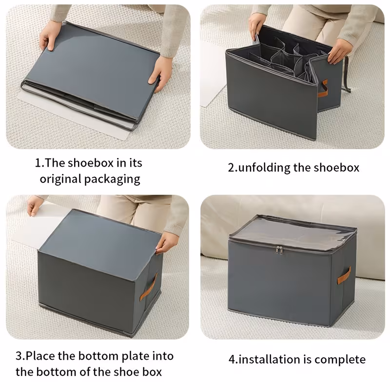2 boîtes de rangement pour chaussures de place avec couvercle transparent – organisateur empilable et pliable pour chaussures et coussins, design en tissu beige avec poignées, idéal pour lorganisation de placard ou darmoire, organisateur de rangement pour chaussures Détails du produit 5