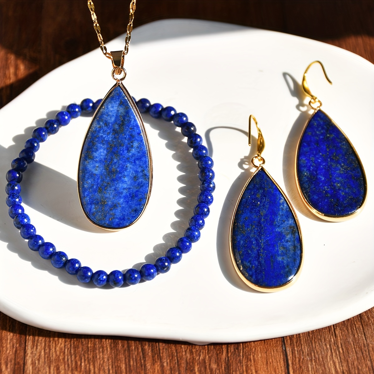 Lapis Lazuli Dangle Earrings & Necklace Set with Golden Tone