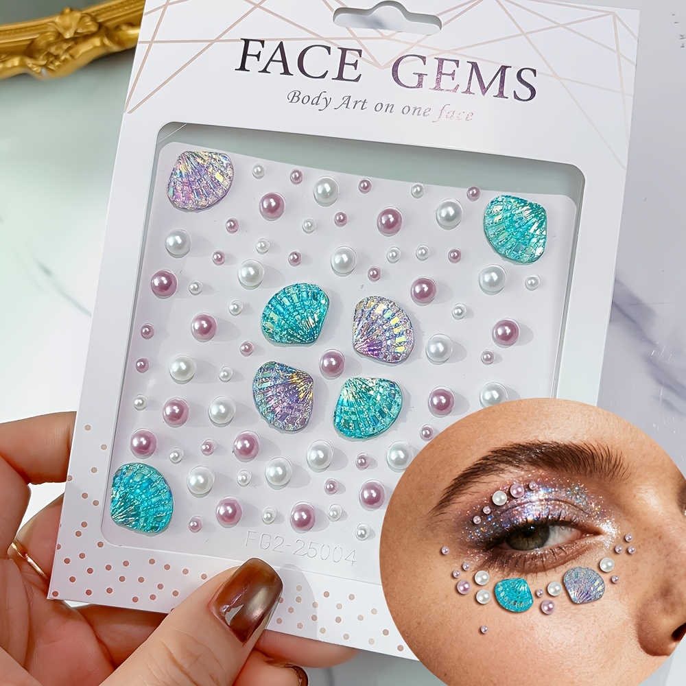 3d Face Crystal Rhinestone Stickers Featuring Mermaid Pearl Designs In Blue And Purple, Perfect For Makeup And Body Decoration