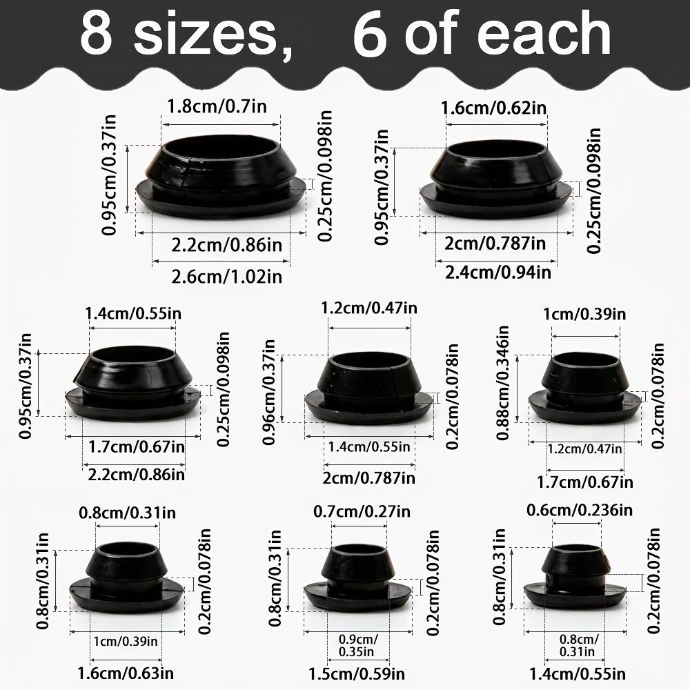 TEMU 48pcs Rubber Grommet Assortment Ring Washer Set | 0.236", 0.27", 0.31", 0.39", 0.47", 0.55", 0.62", 0.7"