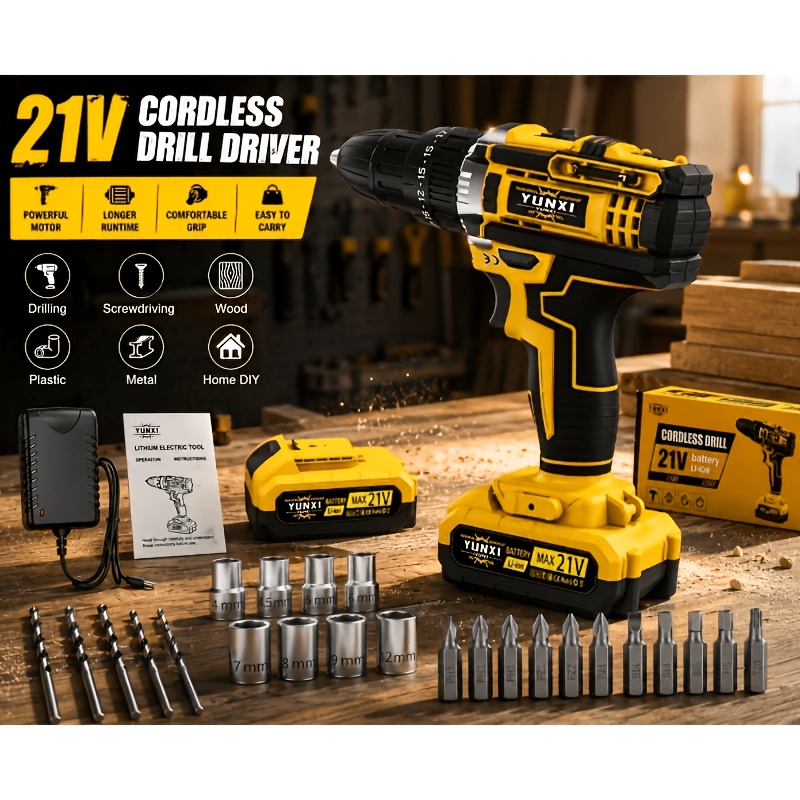 TEMU 21v Impact Wrench Drilling Tool Kit, Brushless Electric Impact Gun Drill Bit, Impact Wrench Drill Bit, Toolbox, Charger, Plug And Complete
