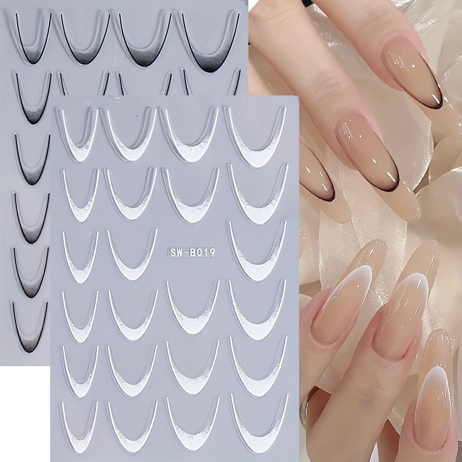 2 Sheets Gradient French Smile Line Nail Stickers Sw-b019 Black White/blue Purple/pink Rose