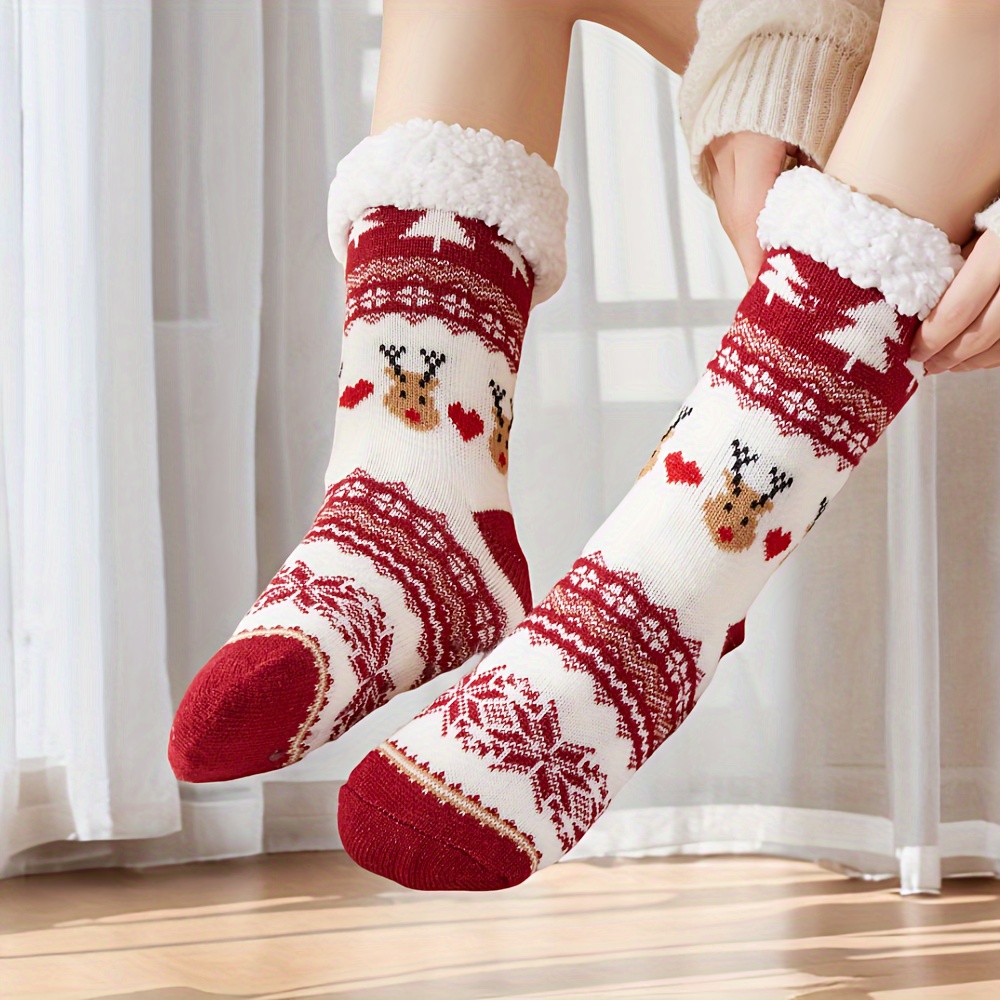 Image of 1 Pair Of Christmas Plush-lined Thermal Socks, Soft And Comfortable Mid-calf Socks, Women's House Slippers And Socks