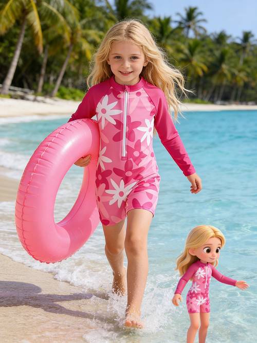 girls long sleeve floral print spring summer long sleeve flat 1pc swimsuit