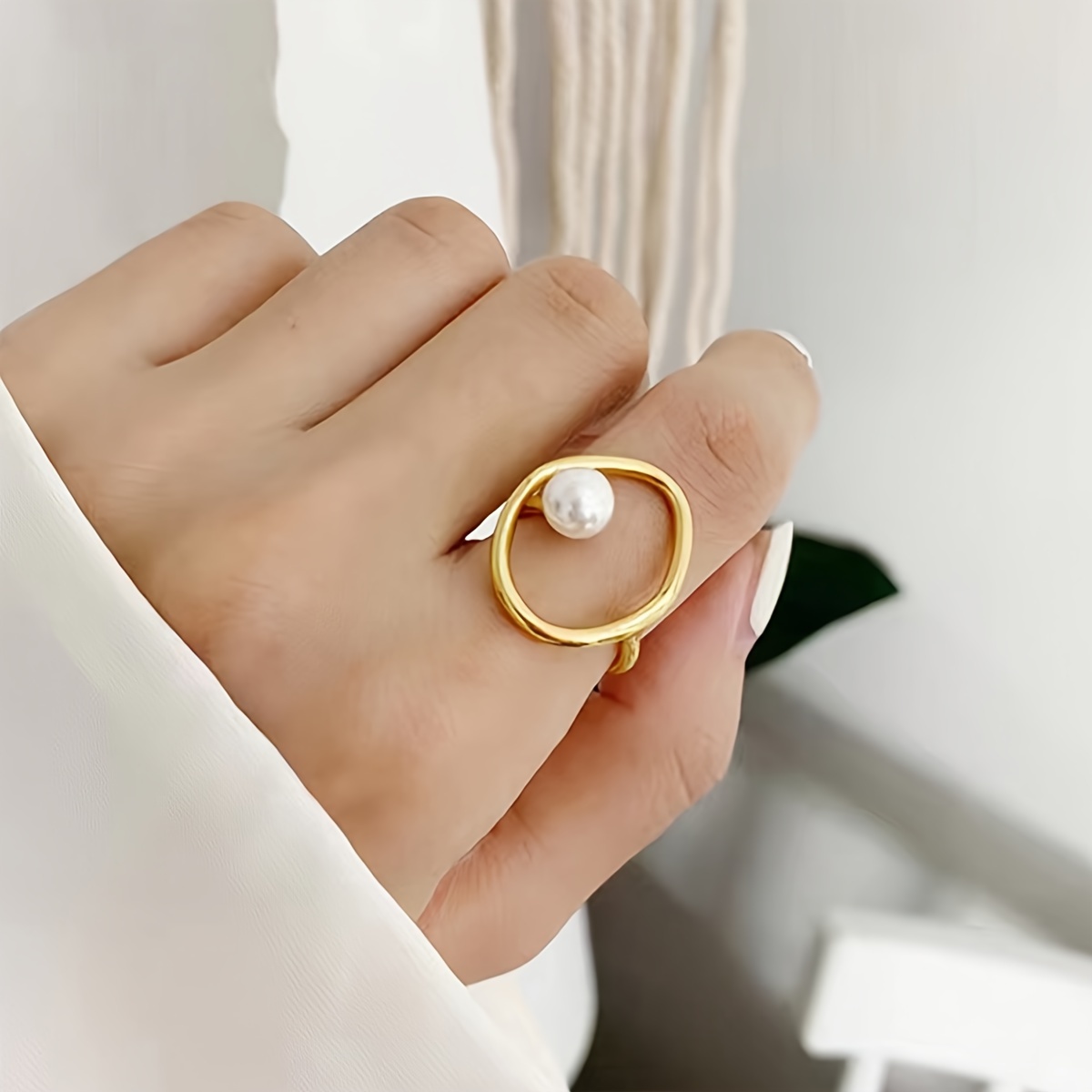 1pc boho vacation style faux pearl ring golden hollow ring open cuff ring jewelry for women details 0