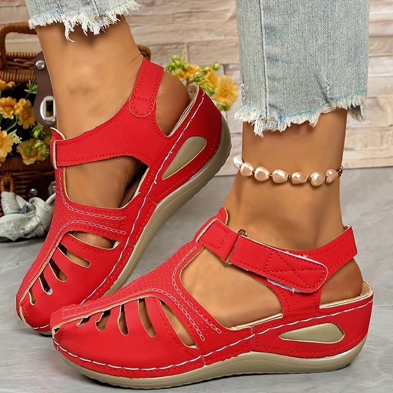 ladies leisure wedge sandals white synthetic cover middle heel with round head hollowed out design breathable and comfortable wear easy to and close durable pu sole fashion versatile shoes and lace up sandals details 4