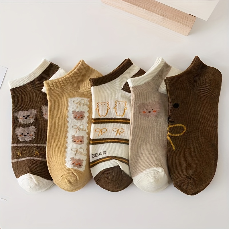 

5pcs Cartoon Bear Ankle Socks For Women - , Breathable, Moisture-wicking Polyester Fabric, Machine Washable, Quick Drying, And