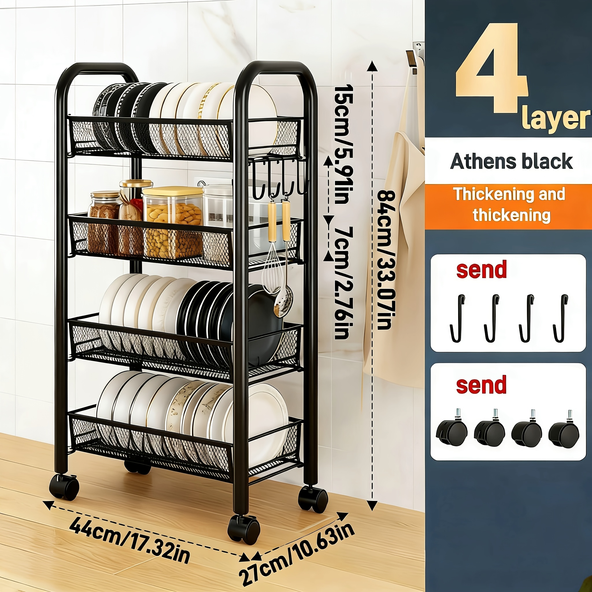 TEMU Mesh Metal Storage Cart, 3-4 Layers Optional, Black, Kitchen Storage Cart, With 4 Plastic Hooks And 4 Rollers, Easy To Move, Suitable For Home,