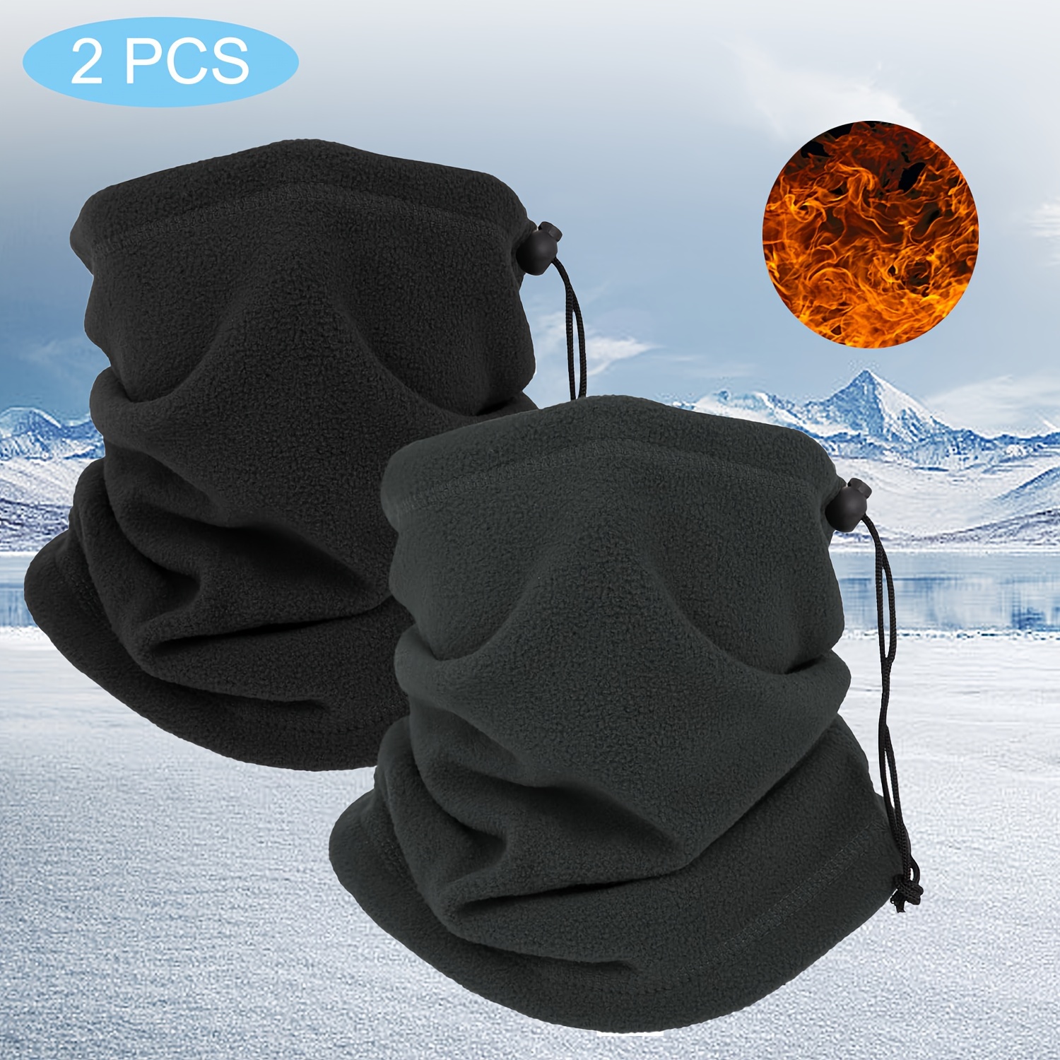 

2pcs Winter Sports Neck Gaiter Scarf, 100% Polyester, Solid Color, Windproof, Warm, Woven Neck Warmer With Drawstring, For Cold Weather, Skiing