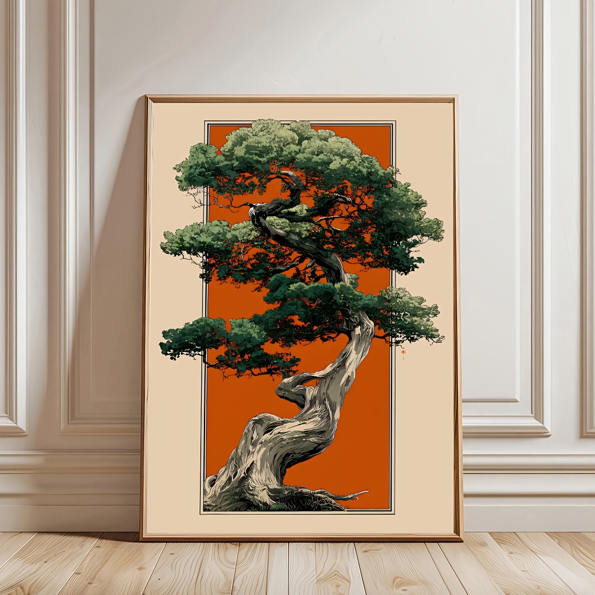 TEMU 2d Flat, 2d Flat, 1pc Frameless Retro Japanese Pine , Orange Botanical Canvas Painting, Art, Birthday Gift, Living Room, Bedroom, Kitchen,