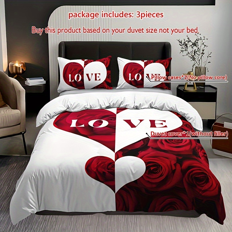 Image of 3pcs Love Heart Duvet Cover Set (1 Duvet Cover + 2 Pillowcases, Pillow Core Not Included), Home Dormitory Hd Printing