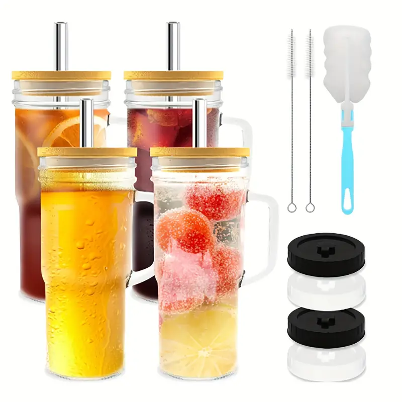 24oz glass with lid and straw insulated glass with bamboo lid and straw pack of 4 Product details 0