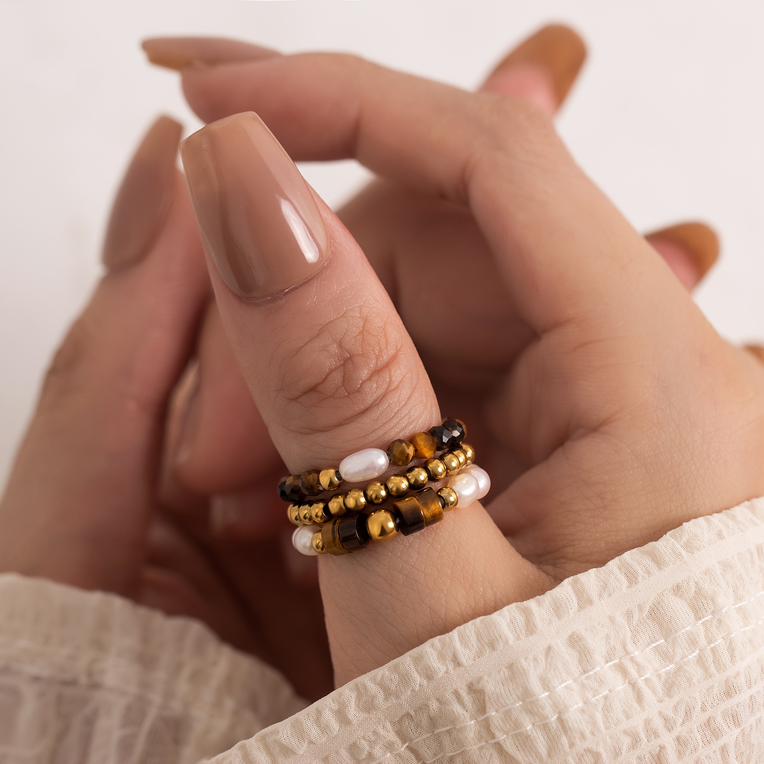 Image of Set Of 3 Women's Bohemian Style Rings Natural Stones, Freshwater Pearls, And Stainless Steel. Adjustable Elastic Rings, Wear, Festive Parties, And Weddings