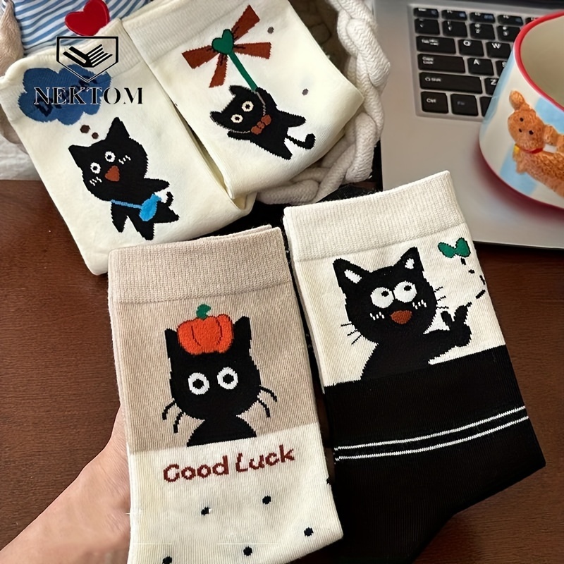 

4 Pairs Of Color Mid-calf Socks-hy-biaye Black Cat