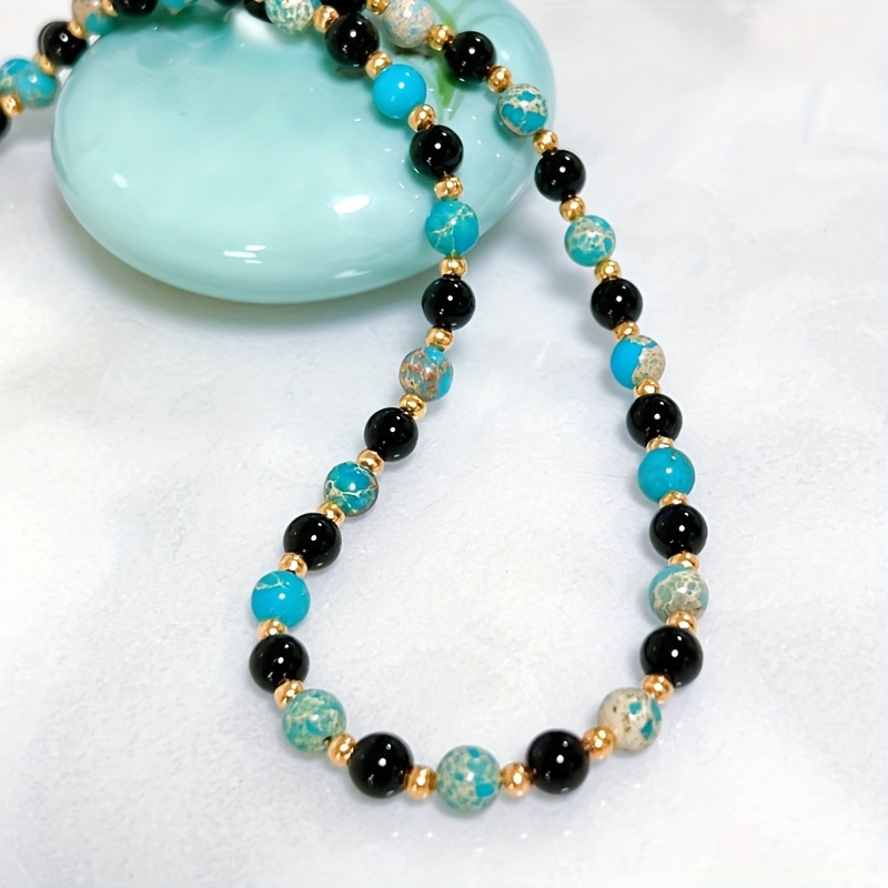 

Boho-chic Natural Stone Bead Necklace - Vintage Pattern, Black Agate & Phoenix Pine, For Casual Attire