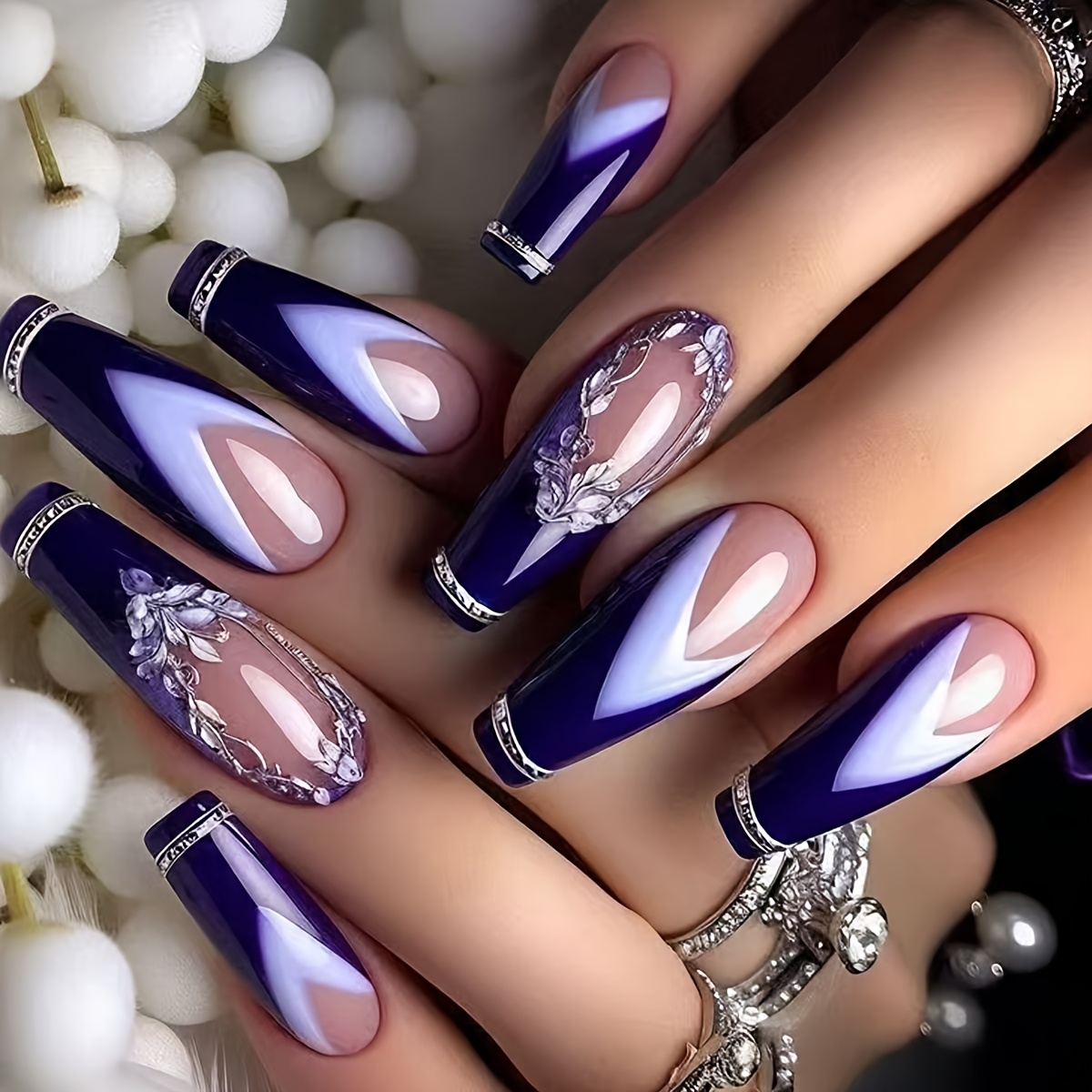 

24pcs Ballet-shaped Press-on Nails, Elegant Purple French Manicure, /summer Collection, Removable Nail Art, Middle Length, Glossy , Flower & Gradient Patterns, Tones