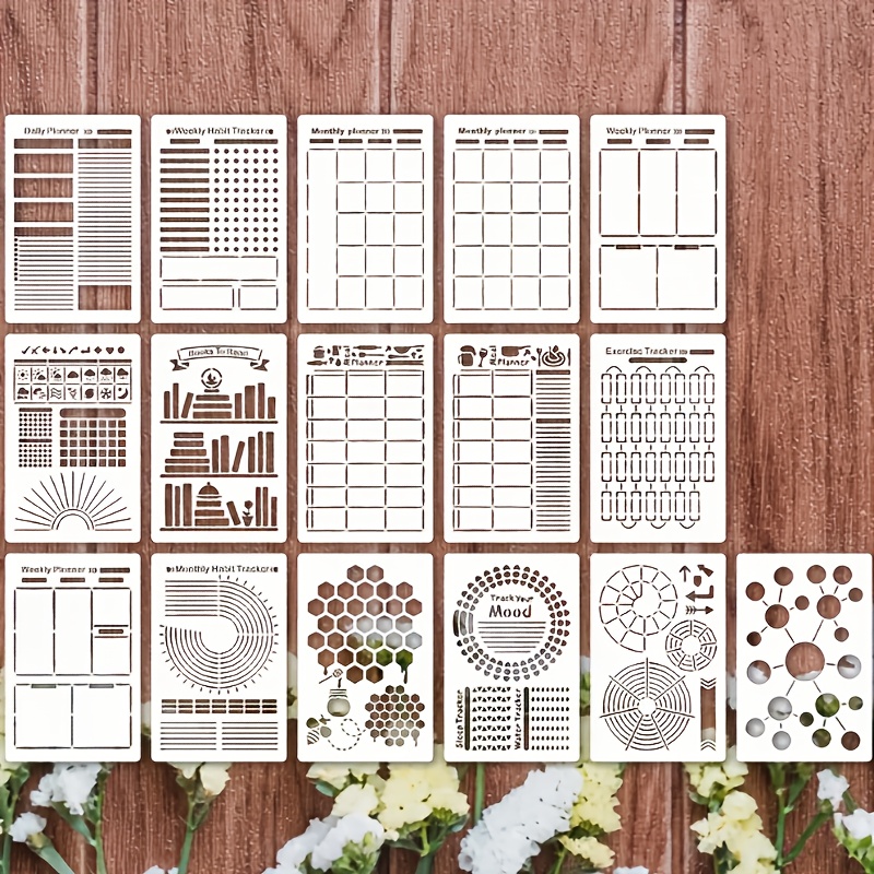 TEMU 16pcs Diary Planning Drawing Template, Reusable, Suitable For Manual Account Drawing Templates, Diy Art And Handicraft Wooden Drawing Templates,