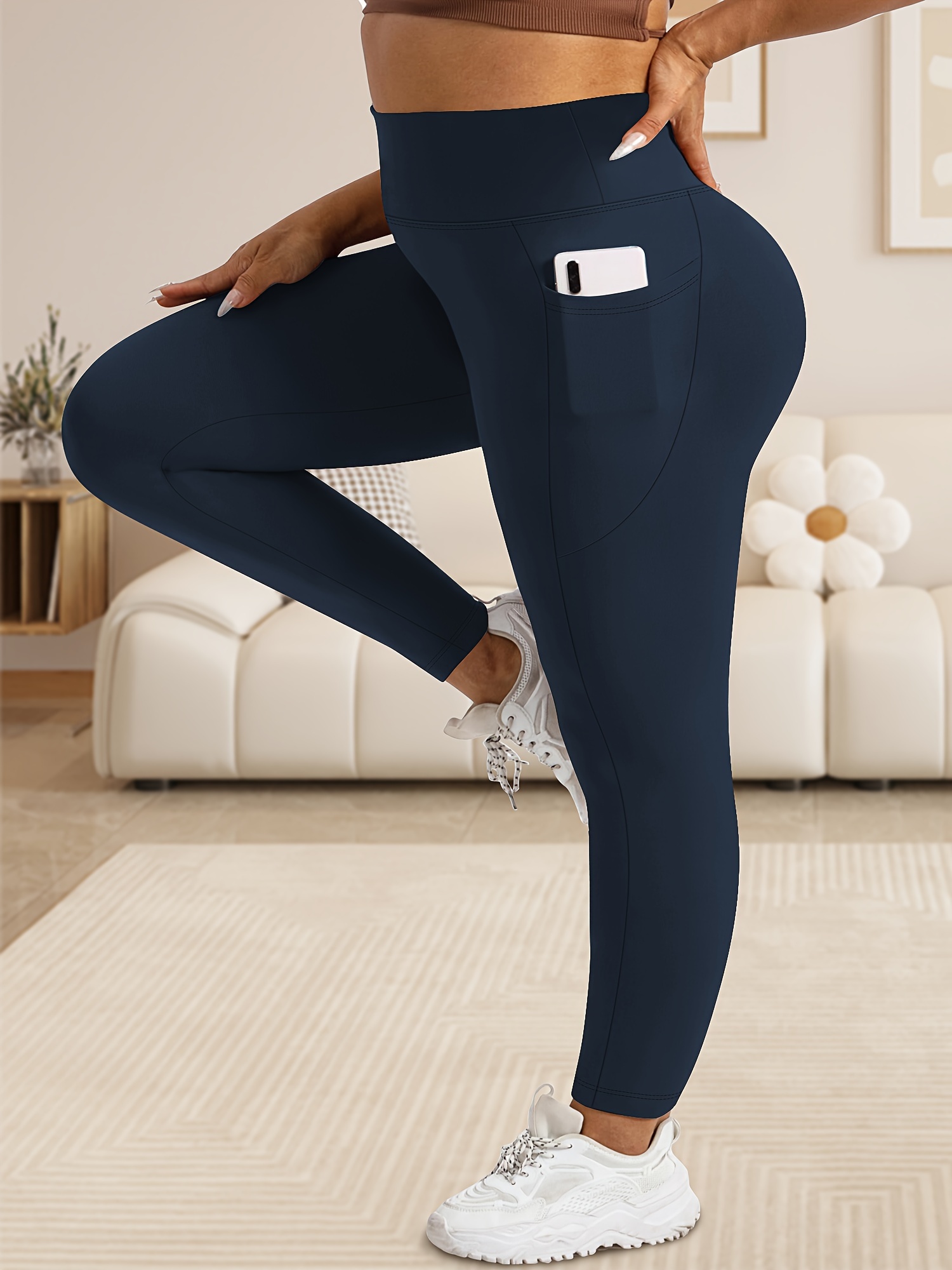 Women'S Plus Size High Waist Tummy Control Leggings with Pockets, 88% Polyester 12% Elastane, Skinny Fit, Solid Color, Knit Fabric, 200g/m², All Season Athletic Yoga Pants for Running & Fitness