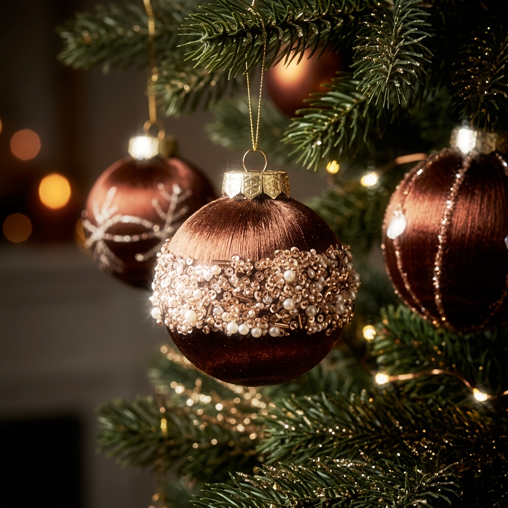 TEMU Brown Wrapped Christmas Balls Ornaments Set, 9pcs 8cm Vintage Xmas Balls With Beaded Snowflake & Seashell Accents, Christmas Tree Hanging