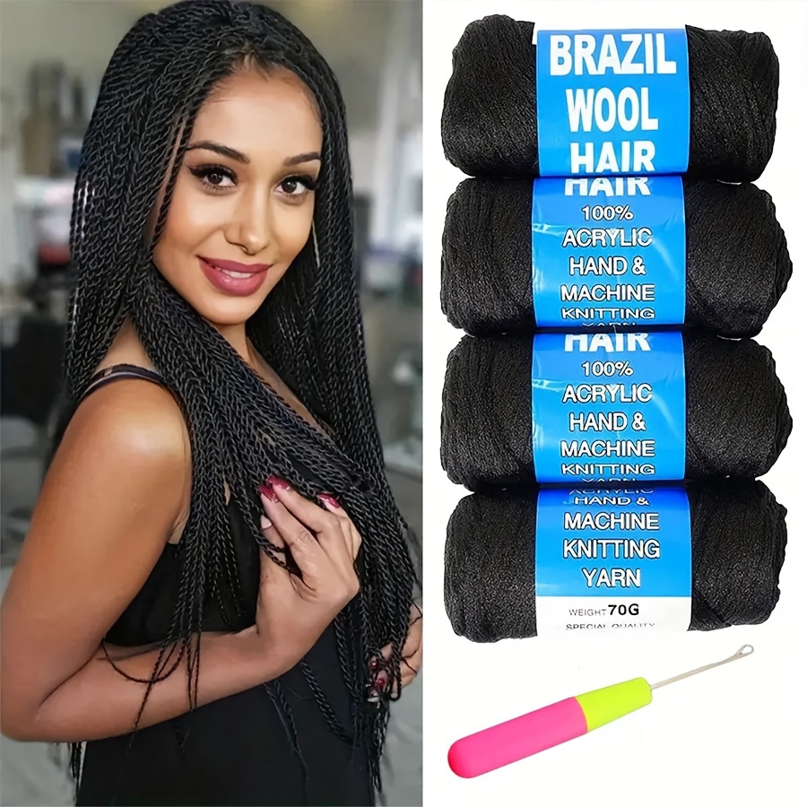 

4 Packs Soft Brazilian Wool Hair For Crochet Braiding - Unisex Synthetic Yarn Extensions With Complimentary Crochet Hook For Diy Hairstyles, Afro Braids, Faux Locs, Box Braids, And More