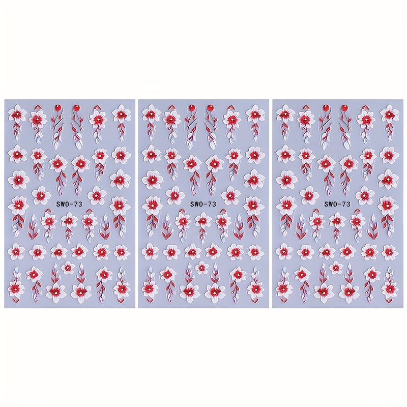 Image of 3 Sheets Of 3d Nail Art Stickers Featuring Red And White Floral Patterns - Self-adhesive Nail Decals For Nail Salons - Spring And Summer Floral Leaf Designs For Women's