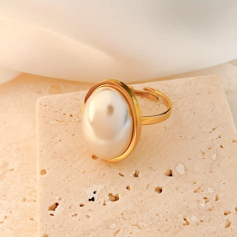 טבעת פנינה דמוית פנינה עבה אחת בהשראת וינטג' - נירוסטה עם ציפוי יוקרתי, מתכונת, מושלמת לציפוי יוקרתי, מתכונת, מושלמת יומיומי|טבעת בהשראת וינטג'|טבעת מתכווננת