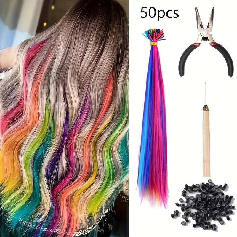 20 and 50pcs mixed color rainbow hair extensions 16 inch   synthetic hair extensions long colored with beads and loop tool for hair extension for women girls diy kit   use details 4