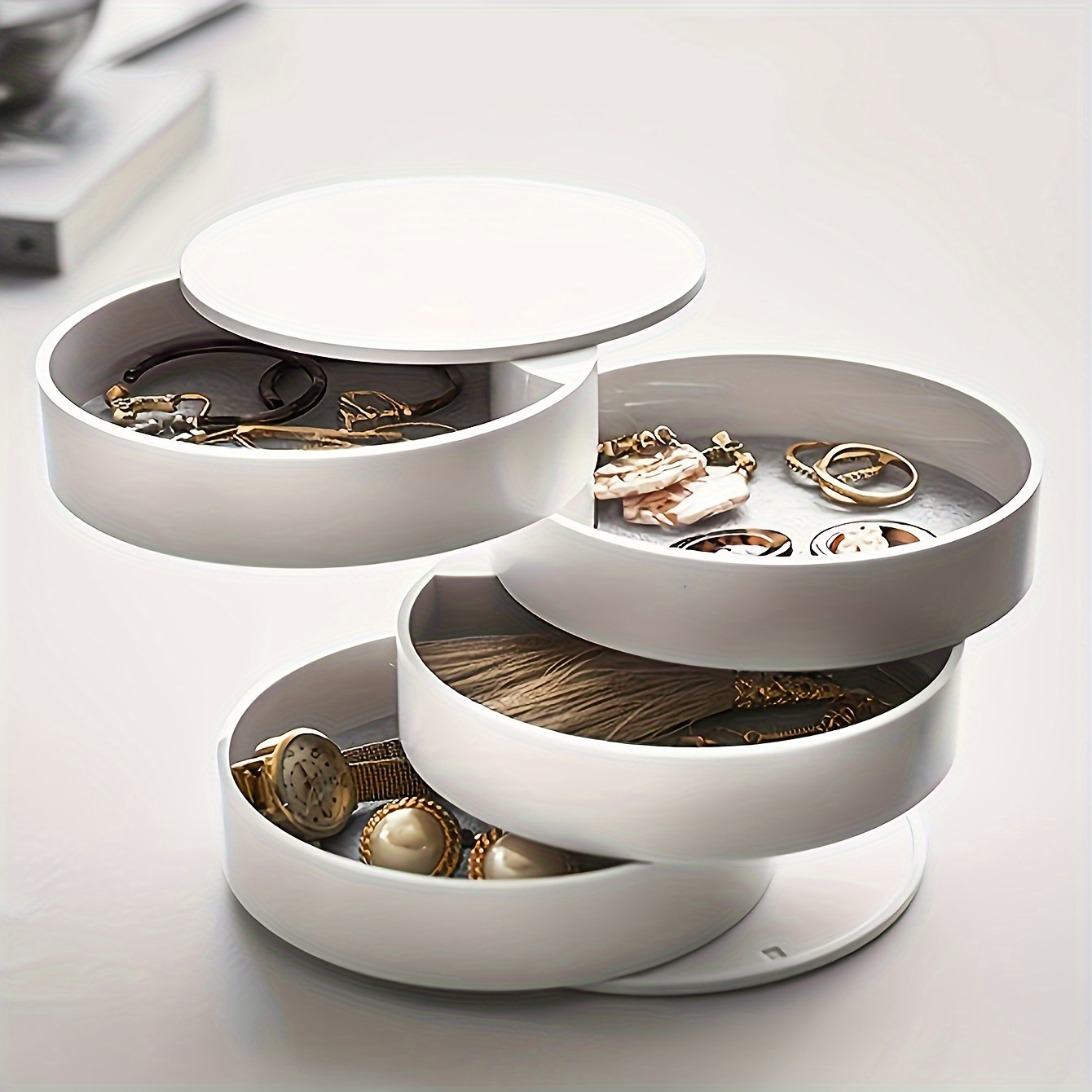 

3-tier Rotating Desk Organizer With Lid - Dustproof Plastic Storage Box For Jewelry & Makeup, Space-saving Design, Room Decor