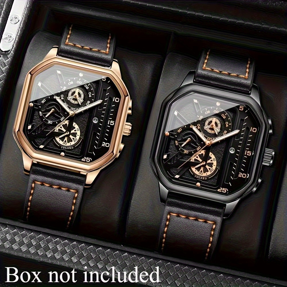 TEMU 2pcs Luxury Men's Faux Leather Strap Quartz Watch Set, With Calendar Dial, Fashion Sport Men's Wristwatch Set, Perfect Gift For Men