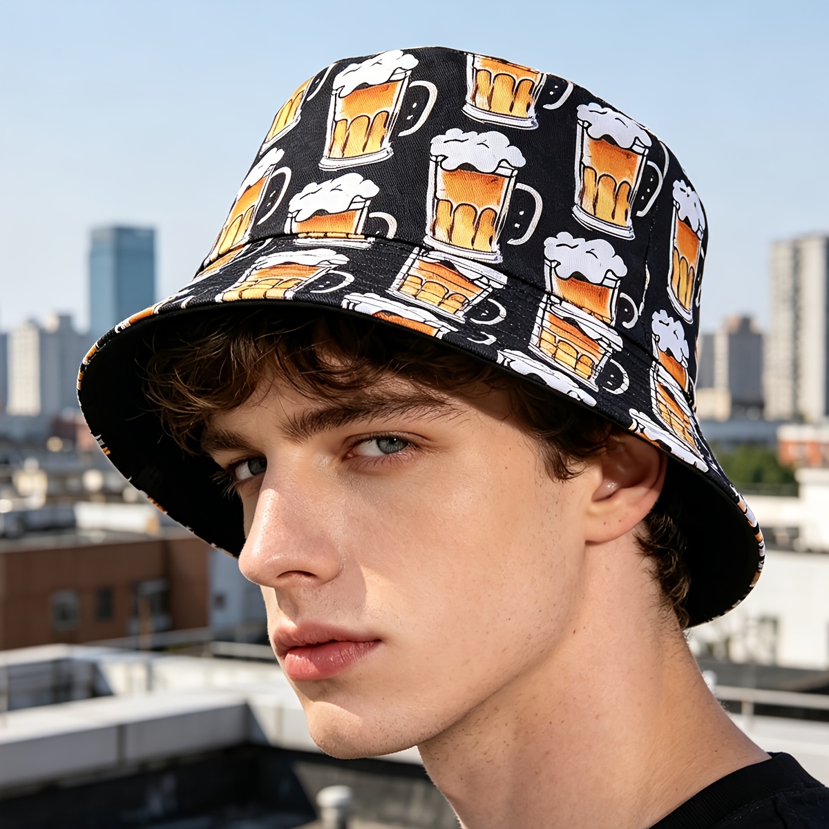 Image of 1pc Men Women Outdoor Hat, Beer Print Pattern Double-faced Wearable, Spring Summer Outdoor Fisherman Hat